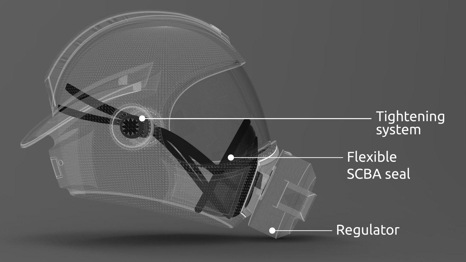 SCBA firefighter helmet CAD render with labeled components